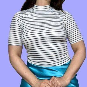 Madewell White and Black Fitted Bodysuit with Mandarin Collar